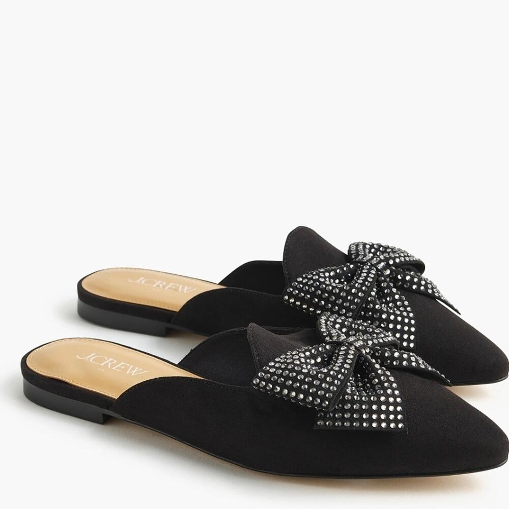J. Crew Rhinestone Bow Black Mule Flat 8.5 NWOT Velvet Holiday Slipper Slip On